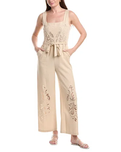 Ellen Tracy Embroidered Linen-blend Jumpsuit In Neutral