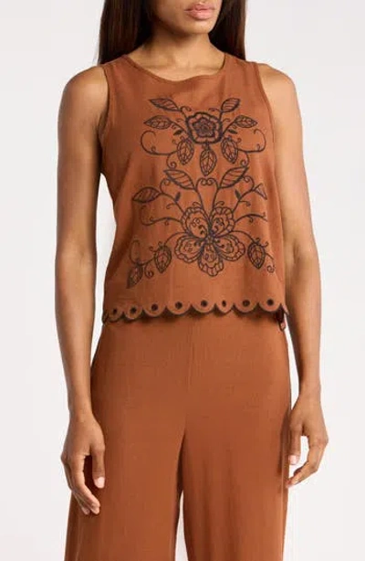 Ellen Tracy Embroidered Tank Top In Brown