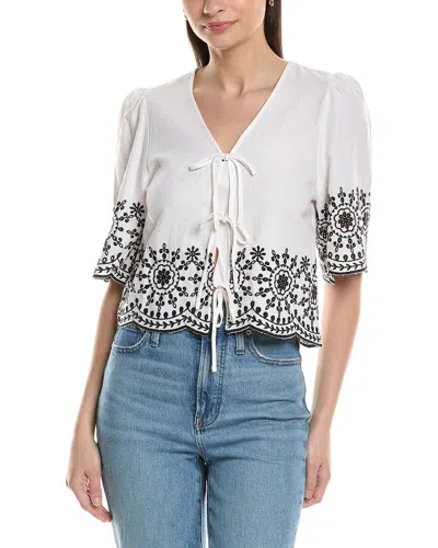 Ellen Tracy Embroidered Tie Front Linen-blend Top In White