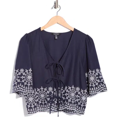 Ellen Tracy Eyelet Embroidered Tie Top In Blue