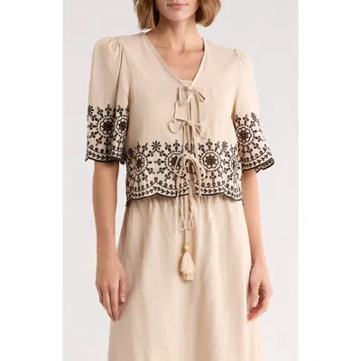 Ellen Tracy Eyelet Embroidered Tie Top In Nude