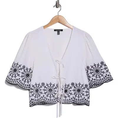 Ellen Tracy Eyelet Embroidered Tie Top In White