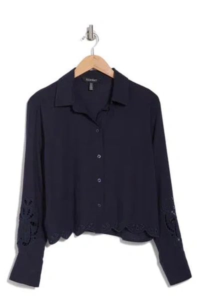 Ellen Tracy Eyelet Inset Button-up Shirt In Navy
