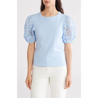 Ellen Tracy Eyelet Puff Sleeve Top In Sky Blue