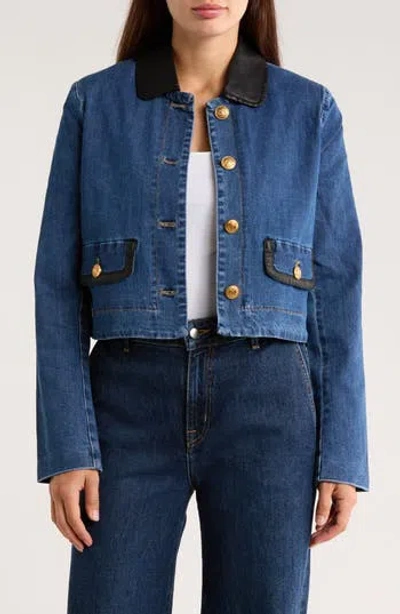 Ellen Tracy Faux Leather Trim Denim Jacket In Blue