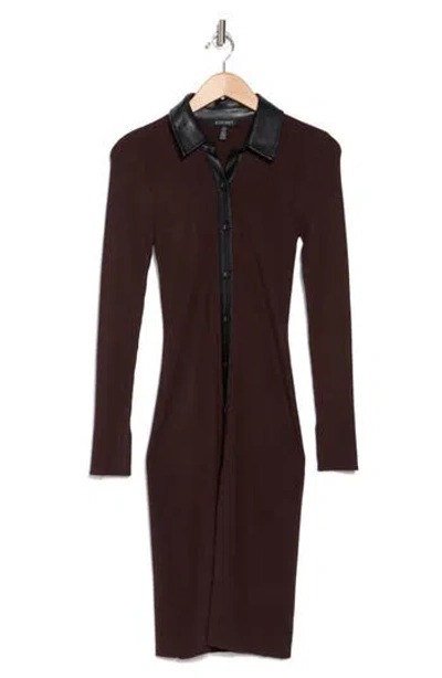 Ellen Tracy Faux Leather Trim Ribbed Shirtdress In Brown