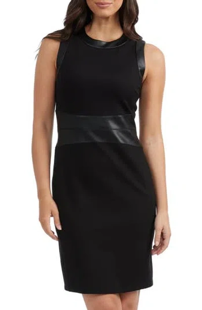 Ellen Tracy Faux Leather Trim Sleeveless Sheath Dress In Black