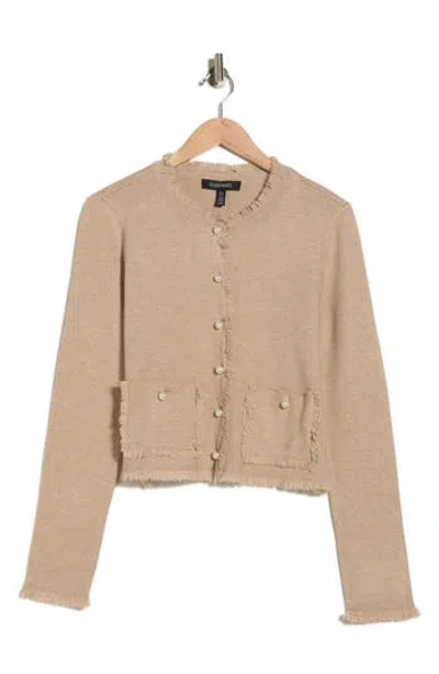 Ellen Tracy Faux Pearl Button Cardigan In Brown