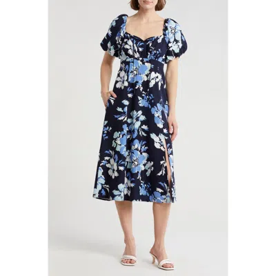 Ellen Tracy Floral Balloon Sleeve Maxi Dress In Navy Bouquet