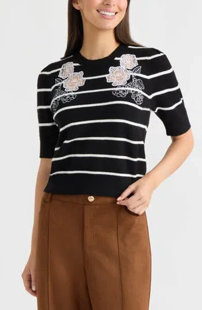 Ellen Tracy Floral Embroidered Short Sleeve Sweater In Black/ White Stripe