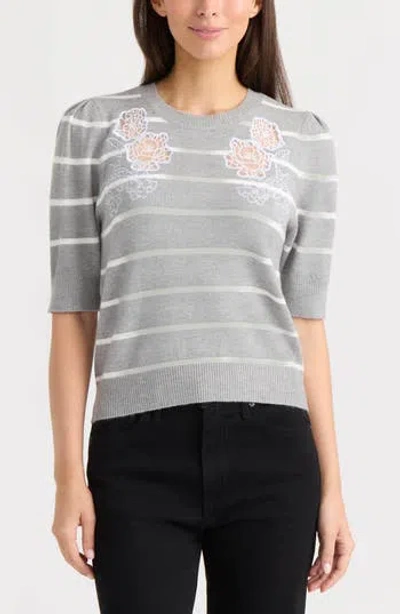 Ellen Tracy Floral Embroidered Short Sleeve Sweater In Light Grey Mix/ White Stripe