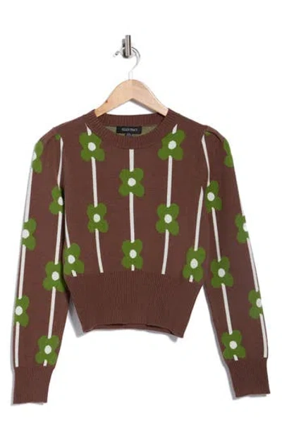Ellen Tracy Floral Jacquard Sweater In Brown