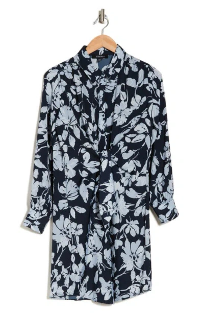 Ellen Tracy Floral Knot Front Long Sleeve Shirtdress In Navy Floral