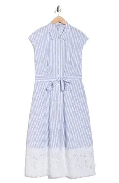 Ellen Tracy Floral Lace Trim Cotton Shirtdress In Blue