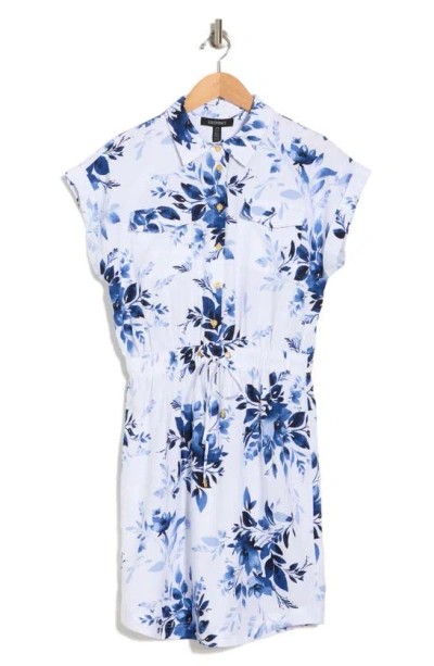 Ellen Tracy Floral Print Drop Shoulder Shirtdress In Blue