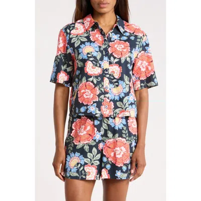 Ellen Tracy Floral Short Sleeve Crop Button-up Shirt In Animal Print