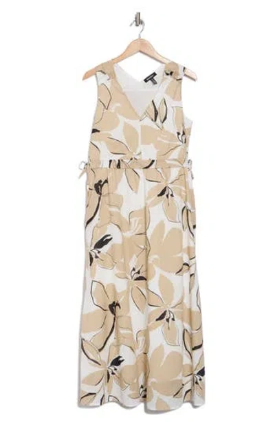 Ellen Tracy Floral Sleeveless Ruffle Cotton Maxi Dress In Sand/white Lilies