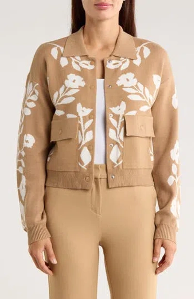 Ellen Tracy Floral Snap Front Crop Cardigan In Brown