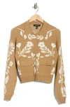 Ellen Tracy Floral Snap Front Crop Cardigan In Brown