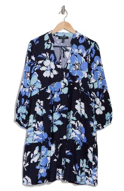 Ellen Tracy Floral Tiered Babydoll Dress In Navy Bouquet