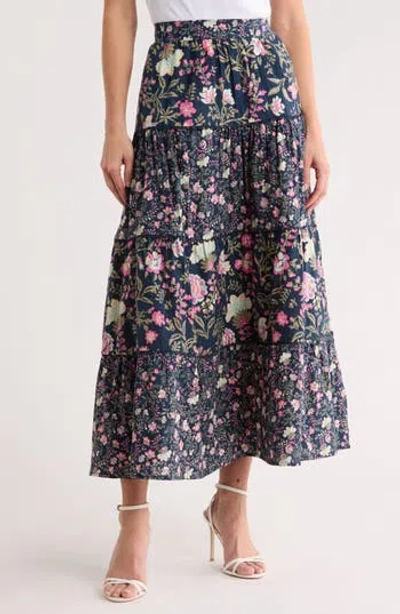 Ellen Tracy Floral Tiered Cotton Challis Skirt In Blue