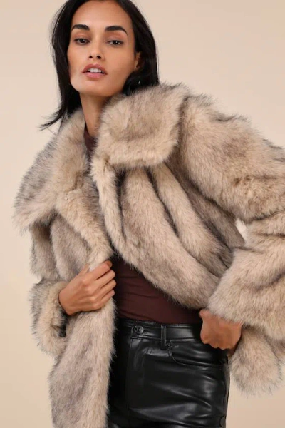 Ellen Tracy Fox Beige Faux Fur Collared Coat