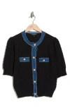 Ellen Tracy Frayed Denim Trim Short Sleeve Cardigan In Black