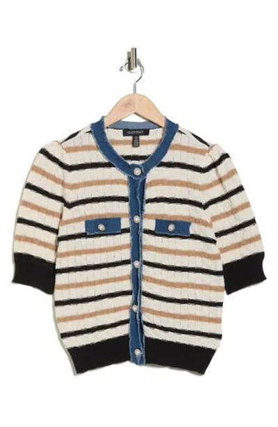 ELLEN TRACY ELLEN TRACY FRAYED DENIM TRIM SHORT SLEEVE CARDIGAN