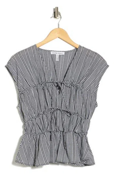 Ellen Tracy Gingham Shirred Tie Top In Gray
