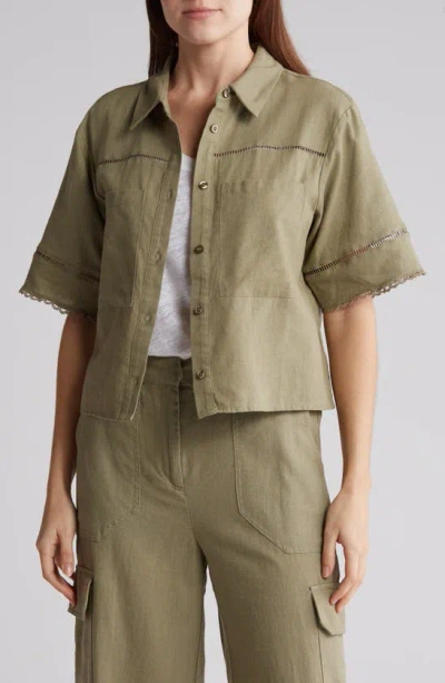Ellen Tracy Linen Blend Button-up Camp Shirt In Celery