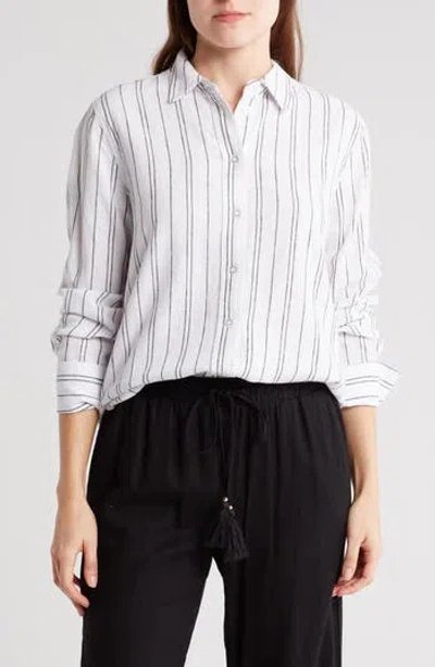 Ellen Tracy Linen Blend Button-up Shirt In Black/white Stripe