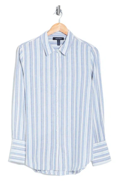 Ellen Tracy Linen Blend Button-up Shirt In Blue/ Tan Stripe