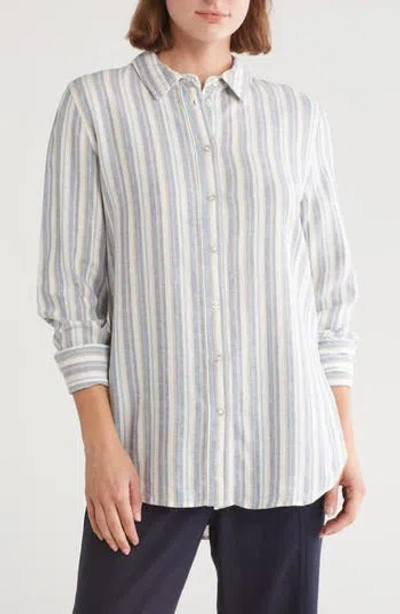 Ellen Tracy Linen Blend Button-up Shirt In Blue/tan Stripe