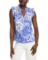 Ellen Tracy Ruffle V-neck Top In Blue