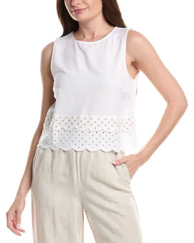 Ellen Tracy Linen-blend Embroidered Top In White