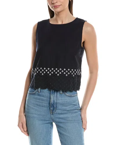 Ellen Tracy Linen-blend Embroidered Top In Blue