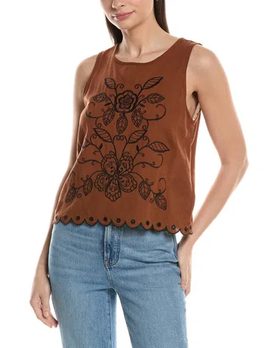 Ellen Tracy Linen-blend Embroidery Tank Top In Brown