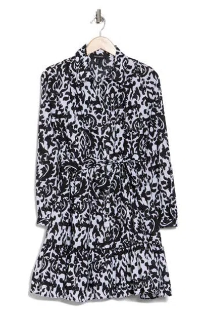 Ellen Tracy Long Sleeve Tie Waist Shirtdress In Black Damask