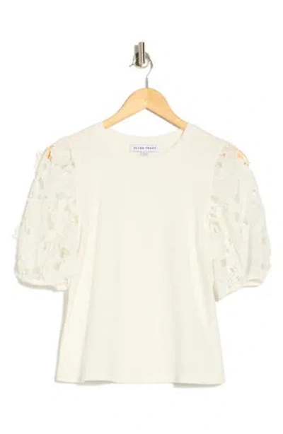 Ellen Tracy Mixed Media 3d Floral Sleeve Top In White