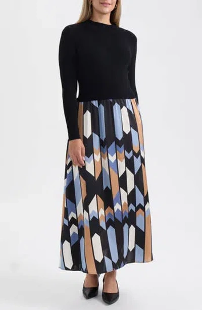 Ellen Tracy Mock Neck Long Sleeve Mixed Media Dress In Black