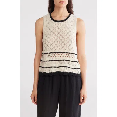 Ellen Tracy Open Stitch Scalloped Sweater Tank In Marshmallow/black