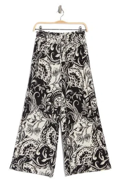 Ellen Tracy Palm Outline Smocked Crop Pants In Black