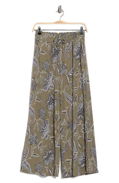 Ellen Tracy Palm Outline Smocked Crop Pants In Brown