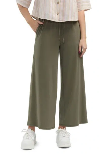 Ellen Tracy Palm Outline Smocked Crop Pants In Light Olive