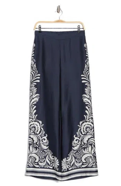Ellen Tracy Placed Print Wide Leg Pull-on Pants In Navy Floral