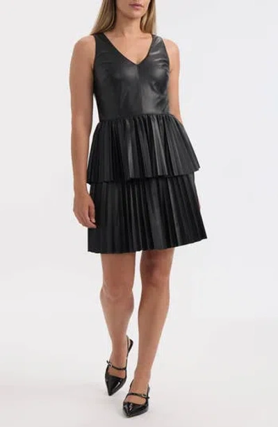 Ellen Tracy Pleated Tiered Faux Leather Dress In Black