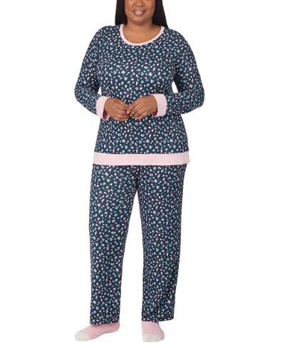 Ellen Tracy Plus Size Printed Long-sleeve Pajama Set In Teal Print