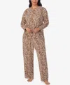 Ellen Tracy Plus Size Printed Round Neck Top And Pants Pajama Set In Brown
