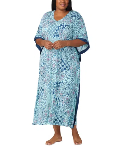 Ellen Tracy Plus Size Printed V-neck Caftan Nightgown In Aqua Print