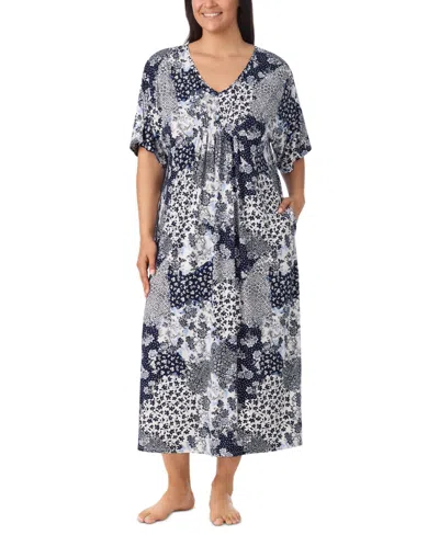 Ellen Tracy Plus Size V-neck Short-sleeve Side-seam Pockets Nightgown In Patchwork Floral